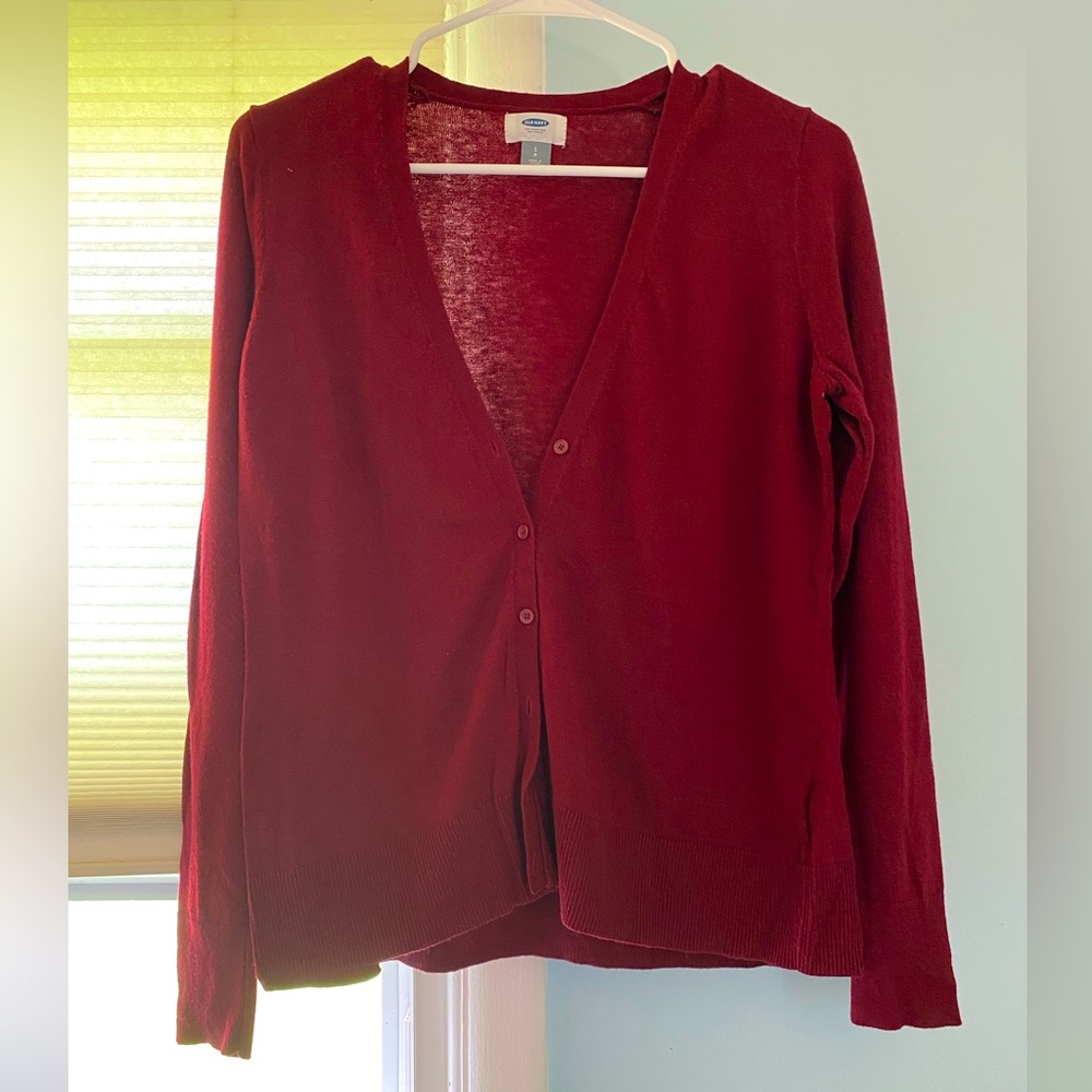 Red button up cardigan, traditional